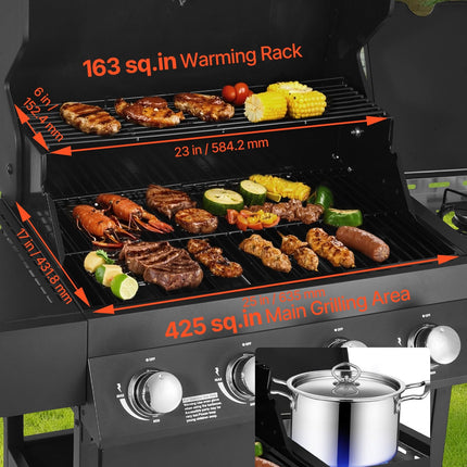 Gas Grill, 4 Burner Propane Gas Grill With Side Burner, 425 SQ.In