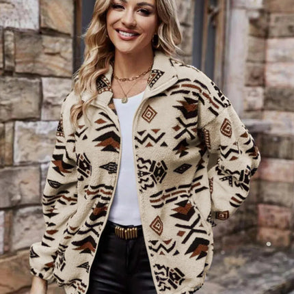 Geometric Zip Up Long Sleeve Outerwear