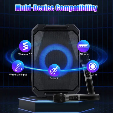Portable Wireless Party Speaker With LED Light 2 Wireless Mics Remote