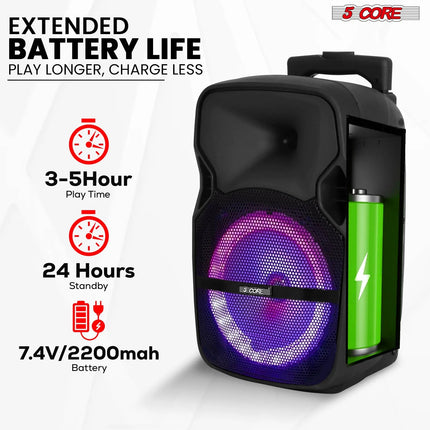 5Core 8 Inch PA Portable Bluetooth Party Speaker Karaoke Boombox + 2