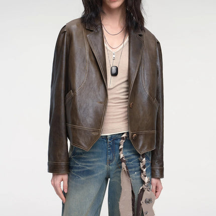 New Zealand imported waxed sheepskin distressed short leather jacket