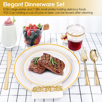 Set Of 175Pcs Disposable Gold Dinnerware Set Gold Rim Plastic Plates