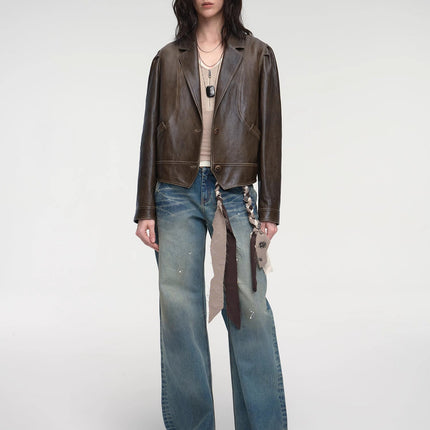 New Zealand imported waxed sheepskin distressed short leather jacket