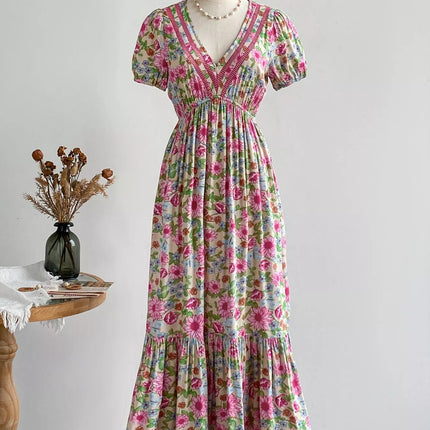 Floral Print V-Neck Puff Sleeve Dress