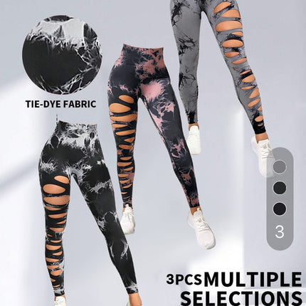 3 Pack Women's Tie Dye Cutout Tights High Waist Workout Yoga Leggings,
