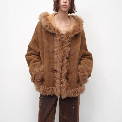 Fireladyfur Women's Shearling Coat - Drop Shoulder Hooded Merino Wool