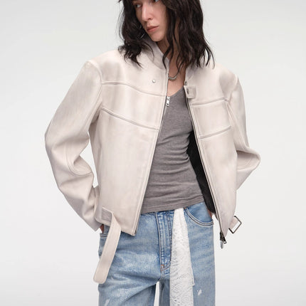 Retro Sheepskin Stand Collar Short Motorcycle Jacket “Caramel