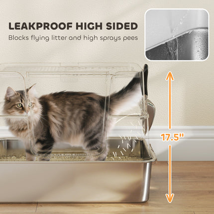 XL Stainless Steel Litter Box w/ 100° Flip Top, Scoop, Step, Top &