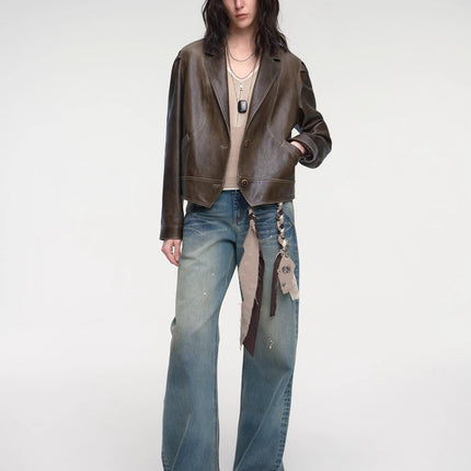 New Zealand imported waxed sheepskin distressed short leather jacket
