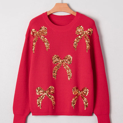 Christmas Sequin Bow Drop Shoulder Sweater