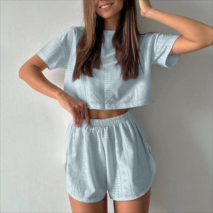2pcs Casual Hollow Suit With Short-sleeved Crop Top And Elastic Slit