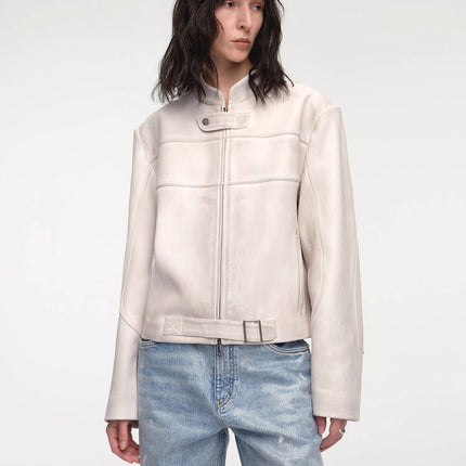 Retro Sheepskin Stand Collar Short Motorcycle Jacket “Caramel