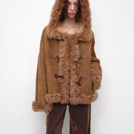 Fireladyfur Women's Shearling Coat - Drop Shoulder Hooded Merino Wool