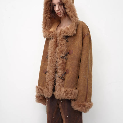 Fireladyfur Women's Shearling Coat - Drop Shoulder Hooded Merino Wool