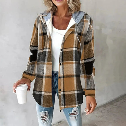Plaid Hooded Jacket Fashion Casual Button Pocket Coat Autumn And