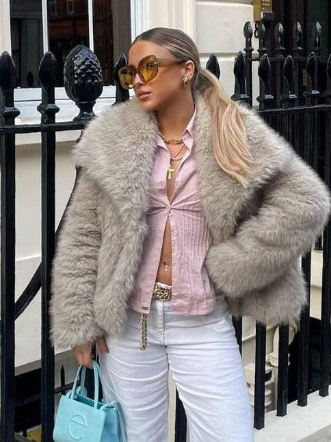 Winter Plush Coat Fashion Warm Thicken Fluffy Lapel Jacket Outwear