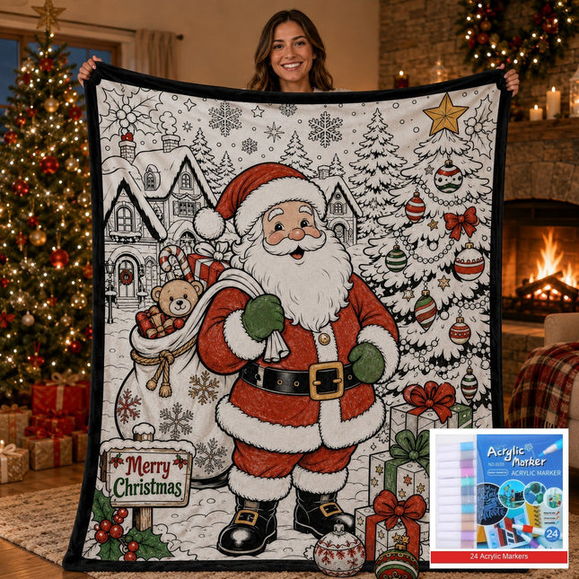Christmas Coloring Fleece Blanket, Santa Pattern Doodle Throw Blanket, Seasonal Soft Nap Blanket for Home Office Decor