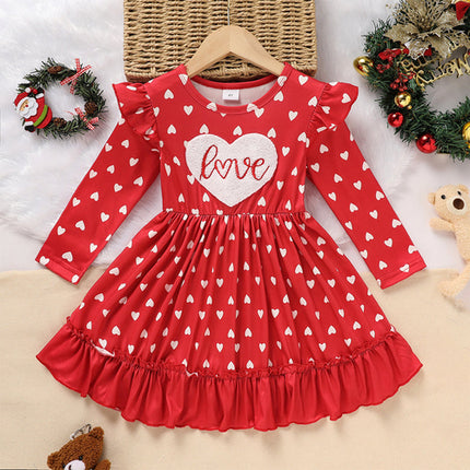 Toddler Girl's Cute 'LOVE' Embroidered Dress, Heart Print Long Sleeve