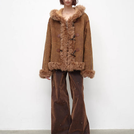 Fireladyfur Women's Shearling Coat - Drop Shoulder Hooded Merino Wool