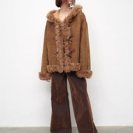 Fireladyfur Women's Shearling Coat - Drop Shoulder Hooded Merino Wool