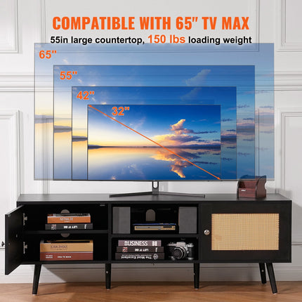 Rattan TV Stand For 65 Inch TV, Boho TV Stand With Rattan Door,