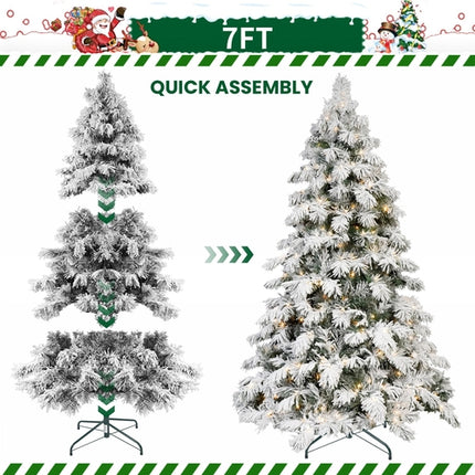 5FT 6FT 7FT 8FT Prelit Flocked Christmas Tree With Light, Snowy Pine