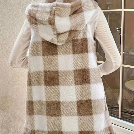 Hooded Plaid Sherpa Vest Coat