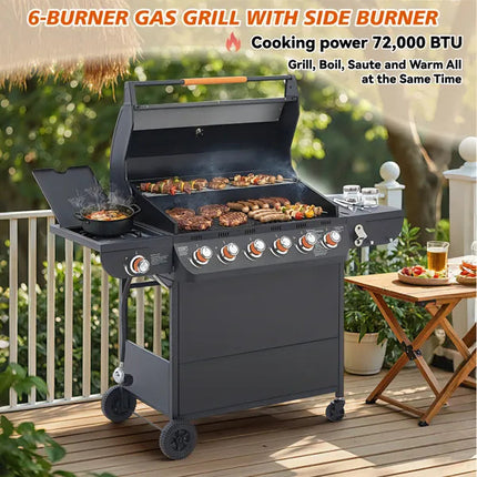 6 Burner BBQ Propane Gas Grill With Side Burner 72000 BTU Output