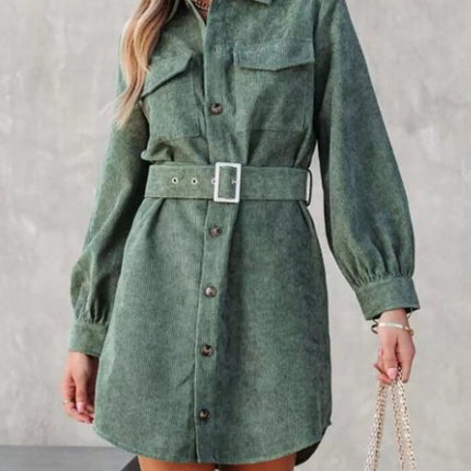 Stylish Button Front Belt Long Sleeve : Corduroy Dress