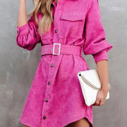 Stylish Button Front Belt Long Sleeve : Corduroy Dress