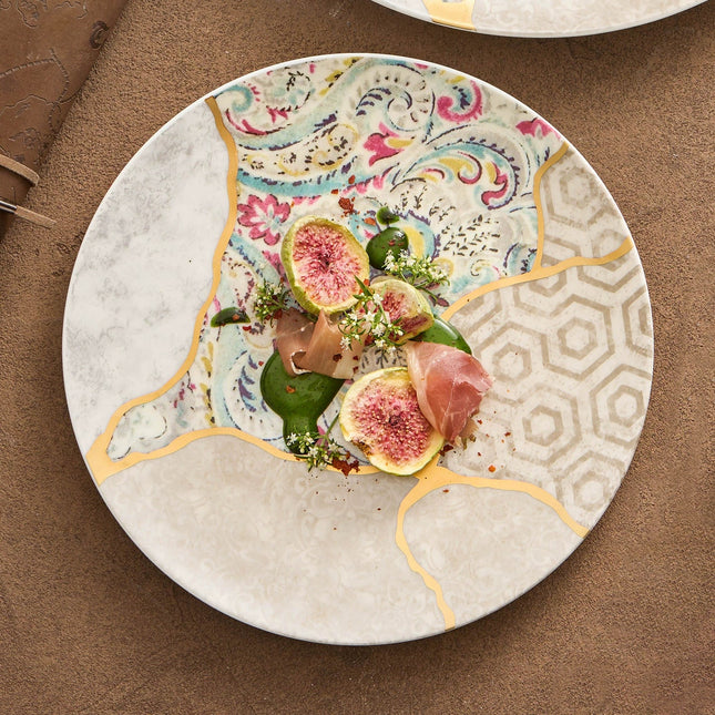 Silk Brocade Gold-Thread Shallow Plate — Artisanal Porcelain