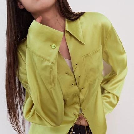 "Mercerized Spring Shadow" Acetate Shirt Women's Hollow String Pleated