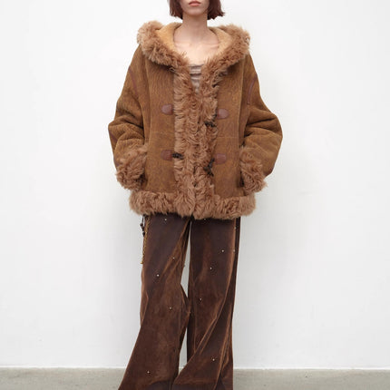 Fireladyfur Women's Shearling Coat - Drop Shoulder Hooded Merino Wool