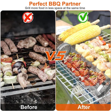 2Pcs 3.42x11.61Inch Portable BBQ Rolling Basket Round Stainless Steel