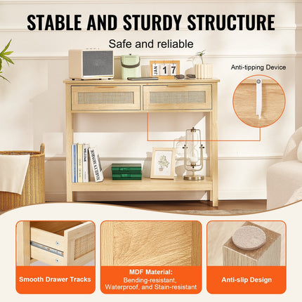 Rattan Console Table With 2 Storage Drawers, Rattan Entryway Table