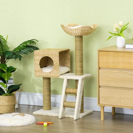 PawHut Cattail Weave Cat Tree For Indoor Cats Kitty Tower With Rattan
