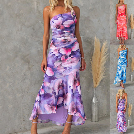 Flowers Print One-shoulder Dress Summer INS Casual Suspender Long