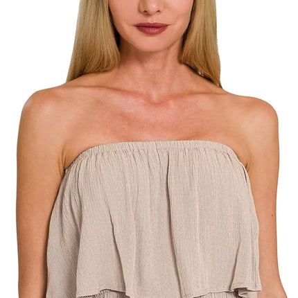 Zenana Woven Crinkle Strapless Maxi Dress