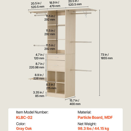 Closet System With 2 Drawers, Adjustable Height Wooden Closet