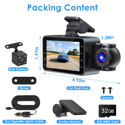 WiFi FHD 1080P 3 Channel Car Dash Cam Front Rear Inside With 32G MMC