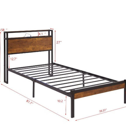 Twin Size Metal Platform Bed Frame With Wooden Headboard And Footboard