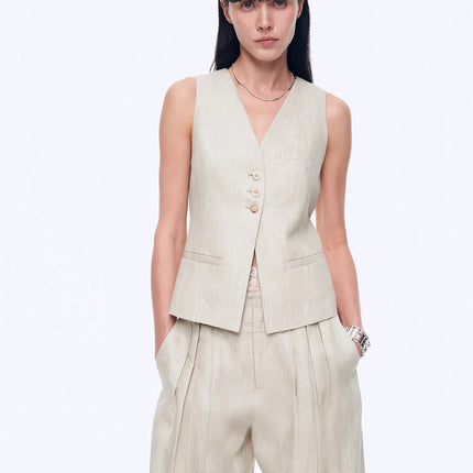 Fireladyfur Women's Linen Suit Set: Draped Vest & High-Waist Straight