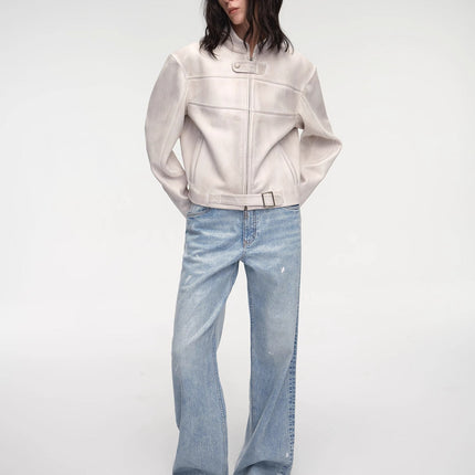 Retro Sheepskin Stand Collar Short Motorcycle Jacket “Caramel