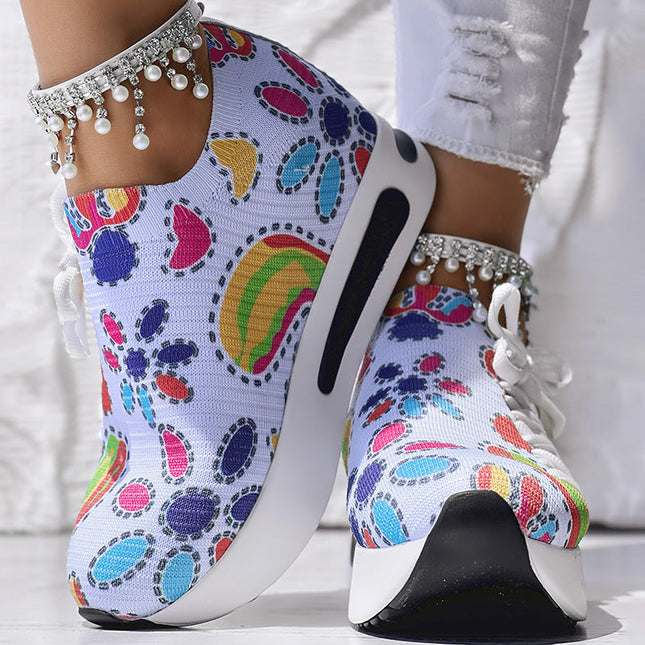 Women's Random Print Side Lace-Up Elastic Sport Shoes, Comfortable