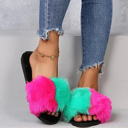 Fuzzy Open Toe Flats Sandals