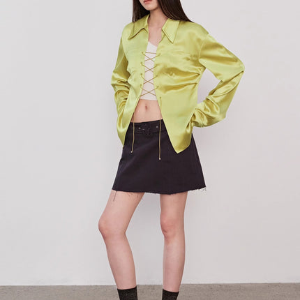 "Mercerized Spring Shadow" Acetate Shirt Women's Hollow String Pleated