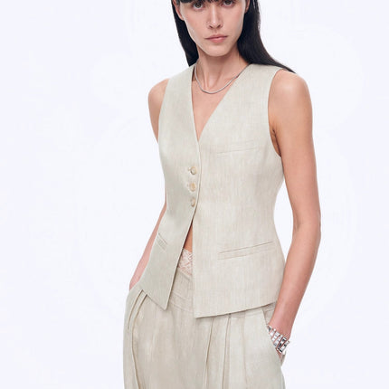 Fireladyfur Women's Linen Suit Set: Draped Vest & High-Waist Straight