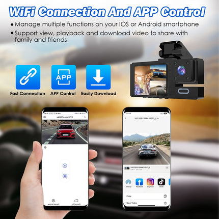 1Pc WiFi FHD 1080P Car Dash Cam 3 Channels Front Rear Inside Dash