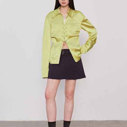 "Mercerized Spring Shadow" Acetate Shirt Women's Hollow String Pleated