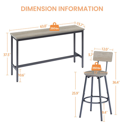 Long Bar Table Set With 3 PU Upholstered Bar Stools, Industrial Bar